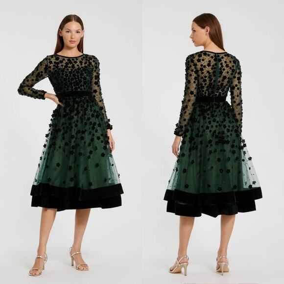 Mac Duggal Embellished Illusion High Neck Long Sleeve Fit & Flare Dress 67007 12 - Picture 1 of 15